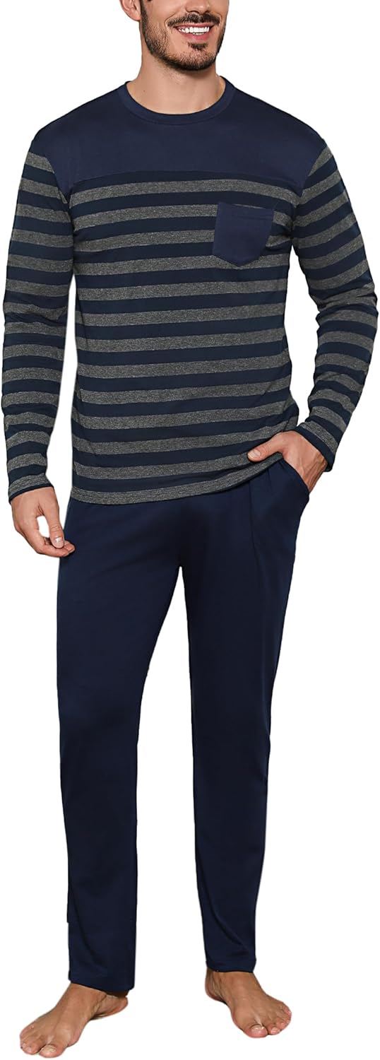 Irdcomps Schlafanzug Herren Pyjama Lang Winter Baumwolle Nachtwäsche Männer Set Langarm Gestreift L