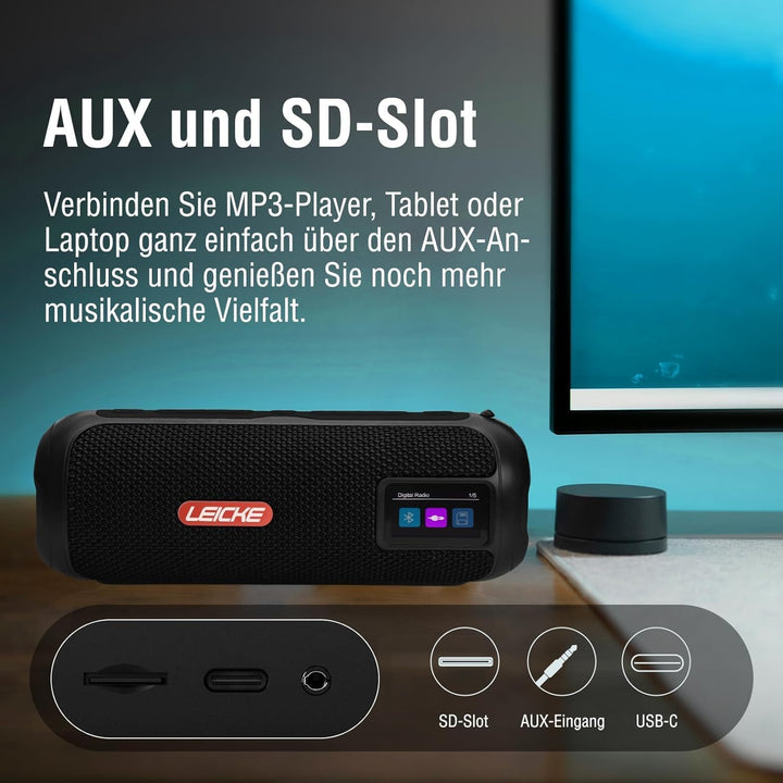 LEICKE DAB+ Radio Tube - Tragbarer Bluetooth Lautsprecher mit DAB+/FM, 4500mAh Akku, RGB-LED Lichter