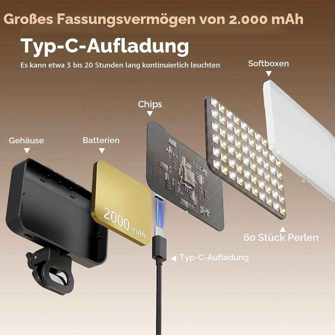 Selfie licht,3000K-6500K 3 Lichtmodi Handylicht mit,Handy licht.2000mAh wiederaufladbares LED Videol