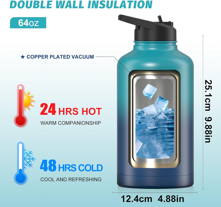 WATERSY Isolierte Edelstahl Trinkflasche 64oz Vakuumisolierte Thermosflasche mit 2 Deckel Auslaufsic