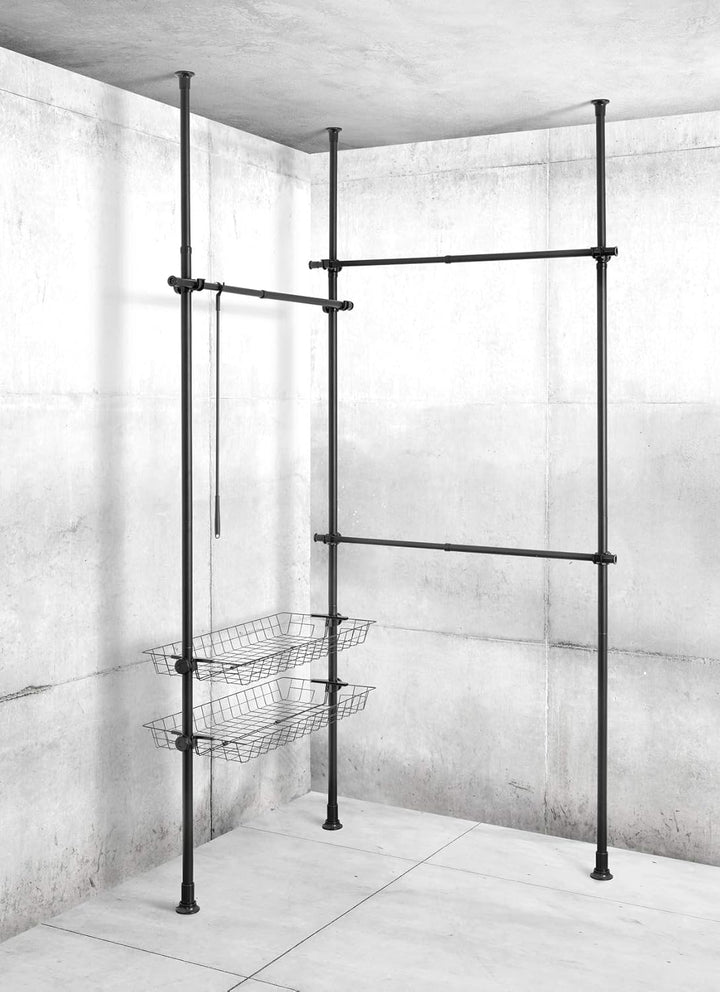WENKO Teleskop-System Herkules Duo Schwarz matt, verstellbares Ordnungssystem, 3 Kleiderstangen/2 Ab