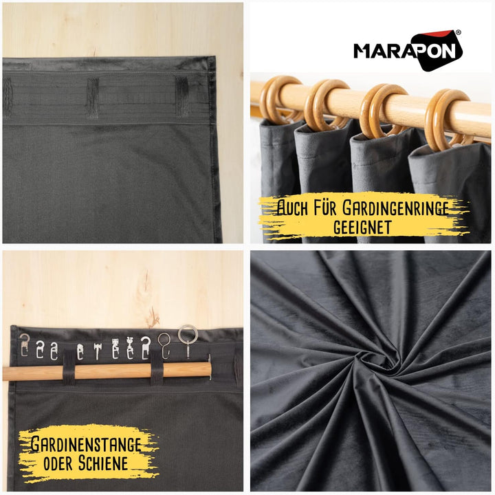 MARAPON® Gardinen aus Samt in Grau [2 Stück] | mit Multifunktionsband | Vorhänge Blickdicht | Verdun