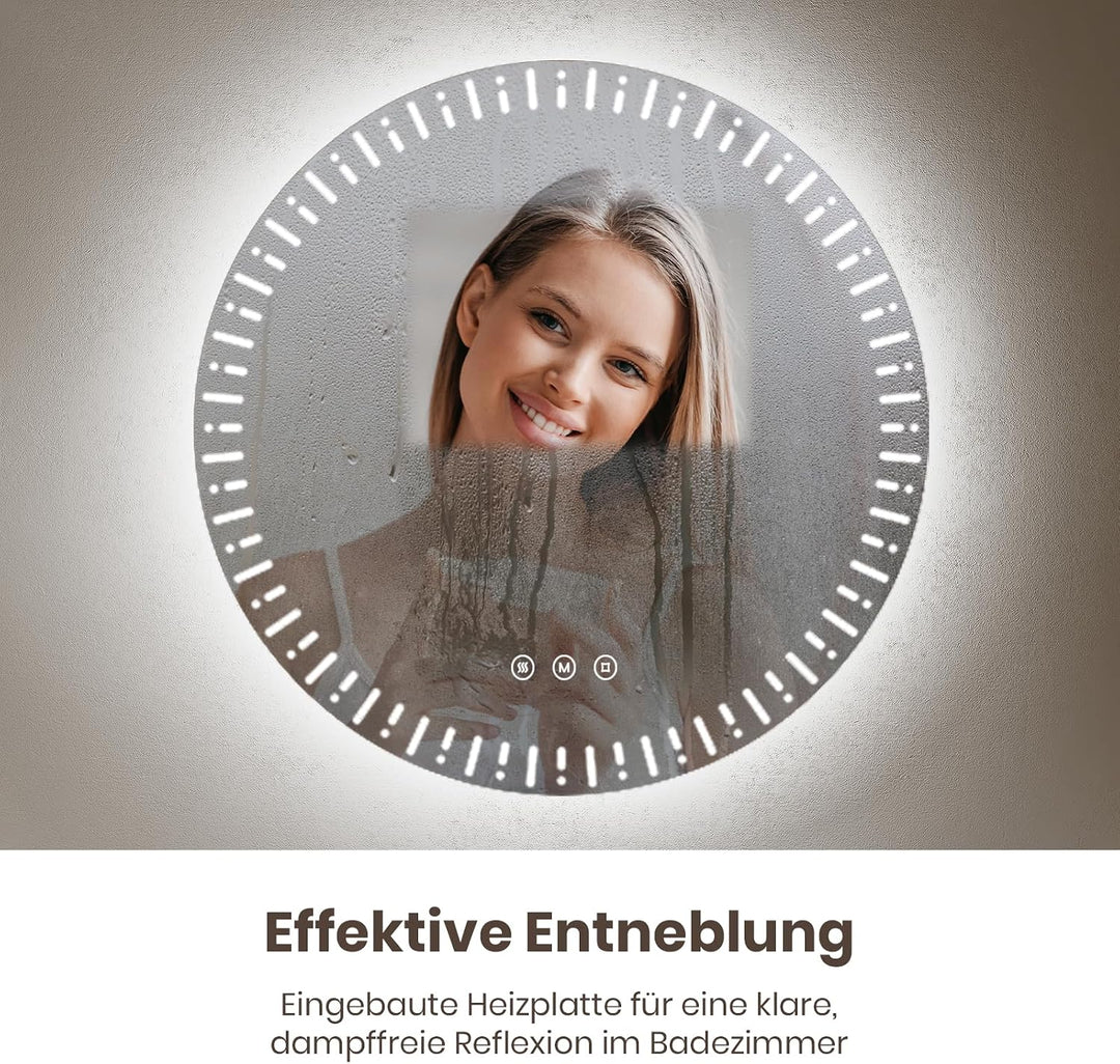 EMKE Runder Spiegel mit Beleuchtung, 80 cm, Badezimmerspiegel mit 3 Lichtfarben, dimmbar, beschlagfr