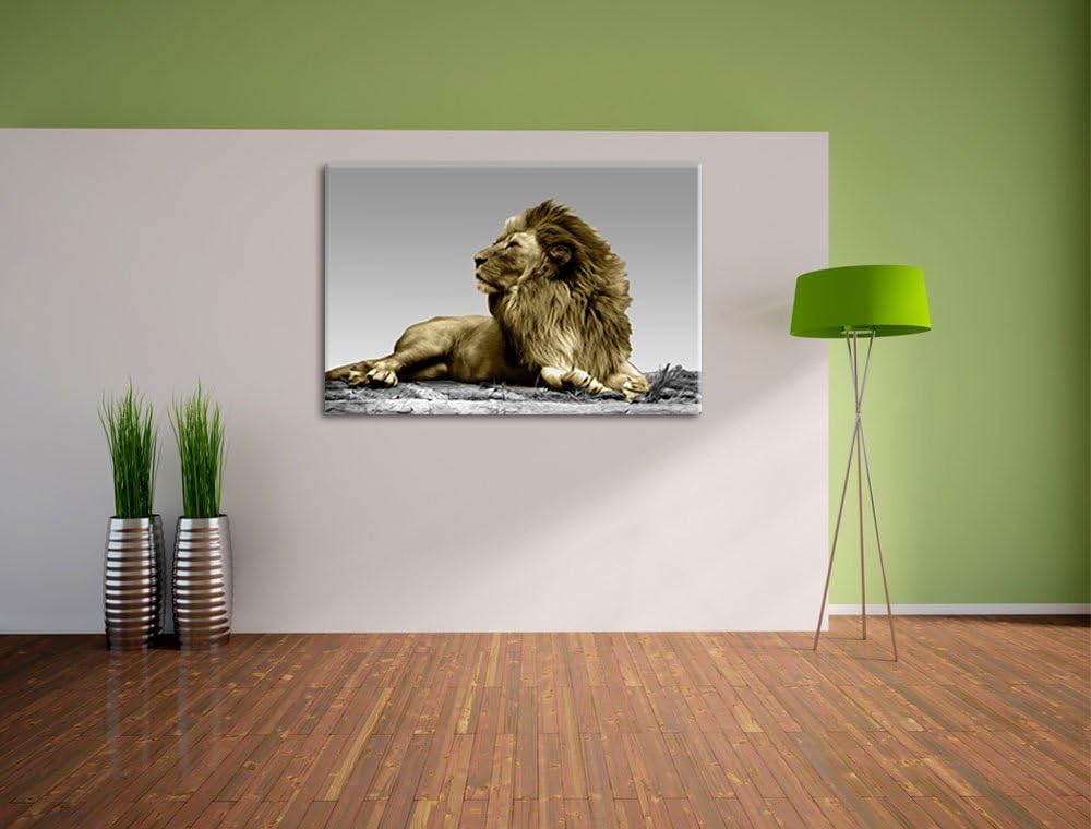 majestätischer Löwe auf Fels schwarz/weiss Format: 100x70 auf Leinwand, XXL riesige Bilder fertig ge