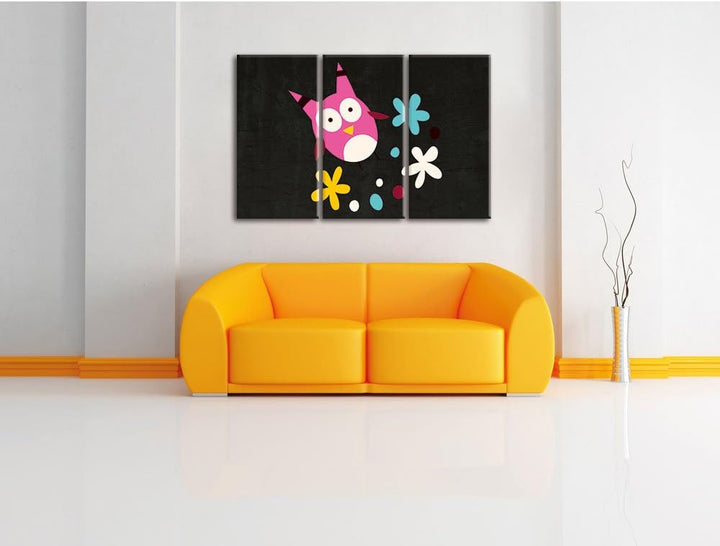 Pixxprint Fliegende Eule mit Blumen als Leinwandbild/Grösse: 3 Teilig (120x80) cm/Wandbild/Kunstdruc