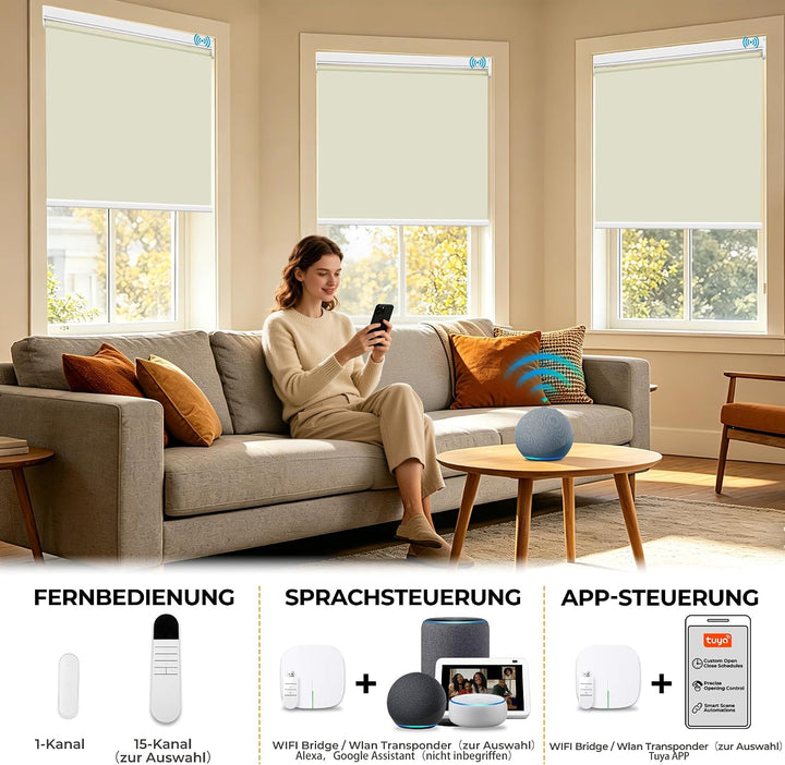 HOMEDEMO M100 Elektrische Rollos Verdunkelungsrollo mit Motor &amp; Fernbedienung, Creme 60x100cm(BxH),