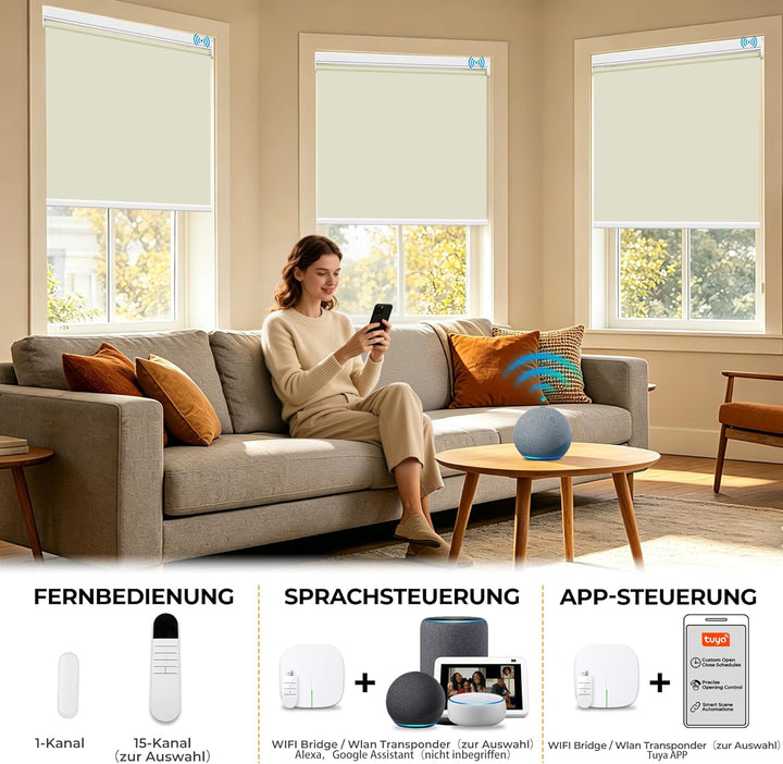 HOMEDEMO M100 Elektrische Rollos Verdunkelungsrollo mit Motor &amp; Fernbedienung, Creme 95x100cm(BxH),