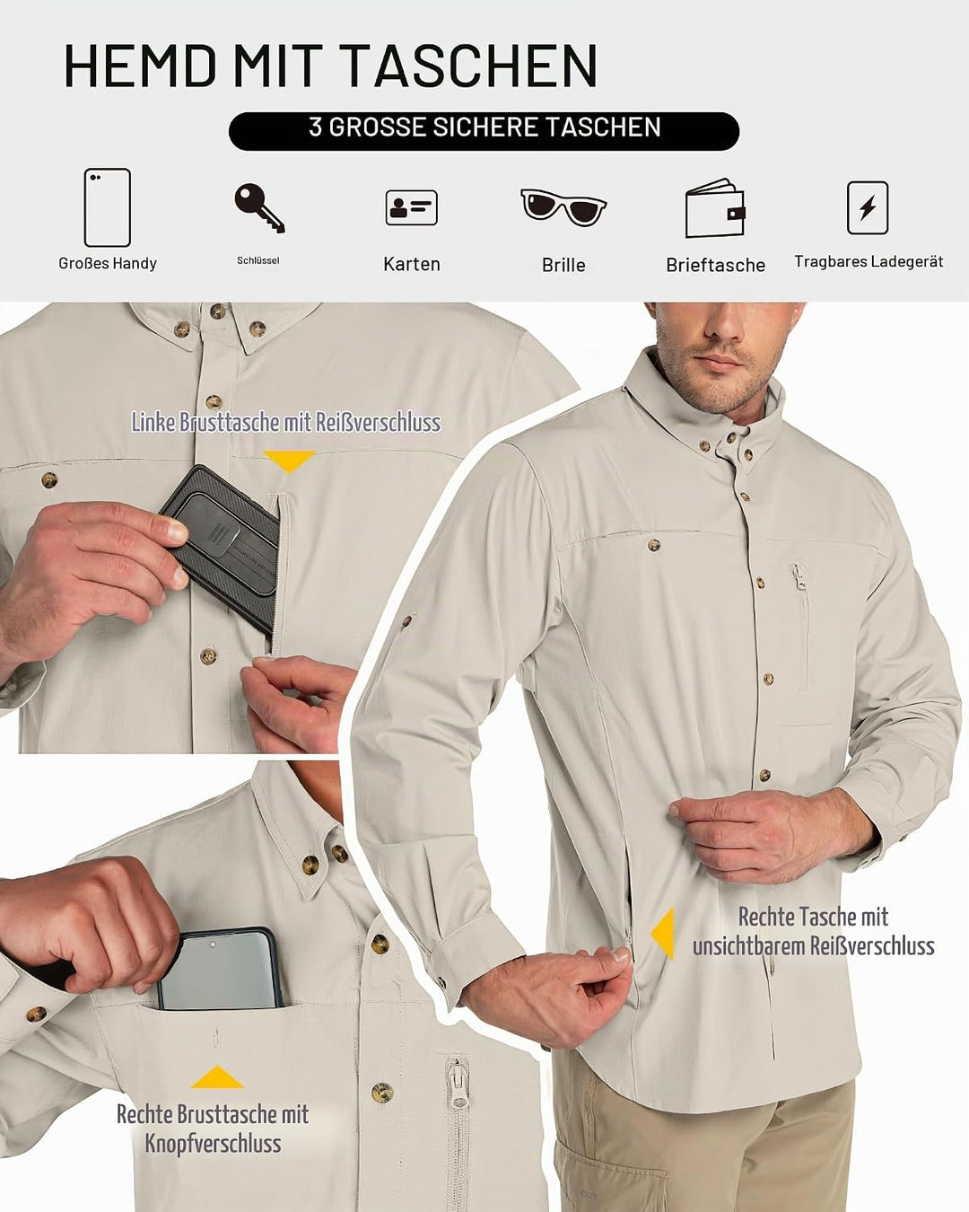 33,000ft Safari Hemd Herren Langarm Sportshemd UPF50+ UV Schutz Funktionshemd Atmungsaktiv Button-Do
