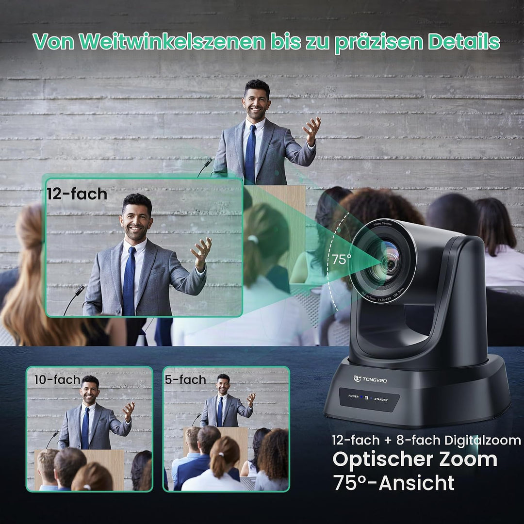 TONGVEO PTZ Konferenzkamera mit KI-Auto-Tracking, 12X optischem Zoom, Weitwinkel, 1080P/60fps (HDMI/
