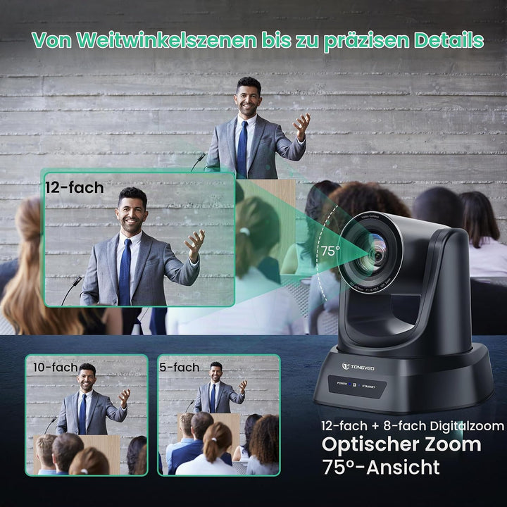 TONGVEO PTZ Konferenzkamera mit KI-Auto-Tracking, 12X optischem Zoom, Weitwinkel, 1080P/60fps (HDMI/