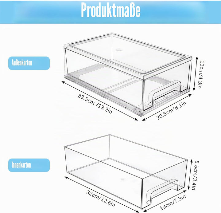 2pcs Stapelbarer Schminktisch Organizer, Grosser Schubladenbox aus Acryl, Kühlschrank-Aufbewahrungsb