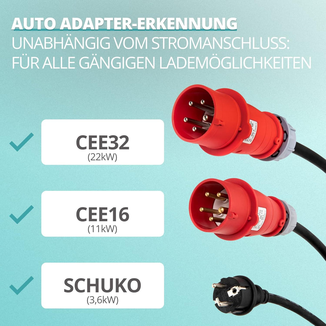 Teison Mobile Wallbox Ladestation für EV Elektroautos mit Automatischer Adaptererkennung - 22kW / 11