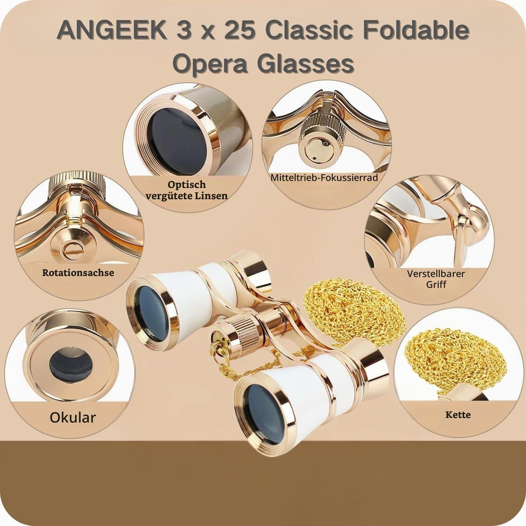 ANGEEK 3 x 25 Classic Foldable Opera Glasses Binoculars Metal Body with Chain Optical Lens Theater T