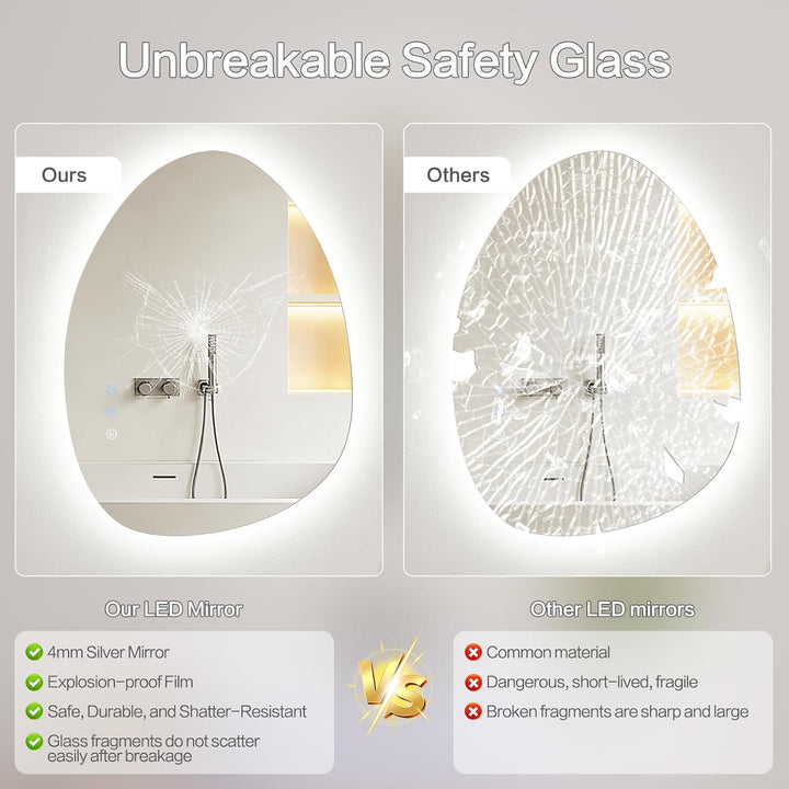 Spiegel mit Beleuchtung Asymmetrischer LED Badspiegel 60 × 45cm mit Touch-Schalter, Dimmbar 3 Lichtf