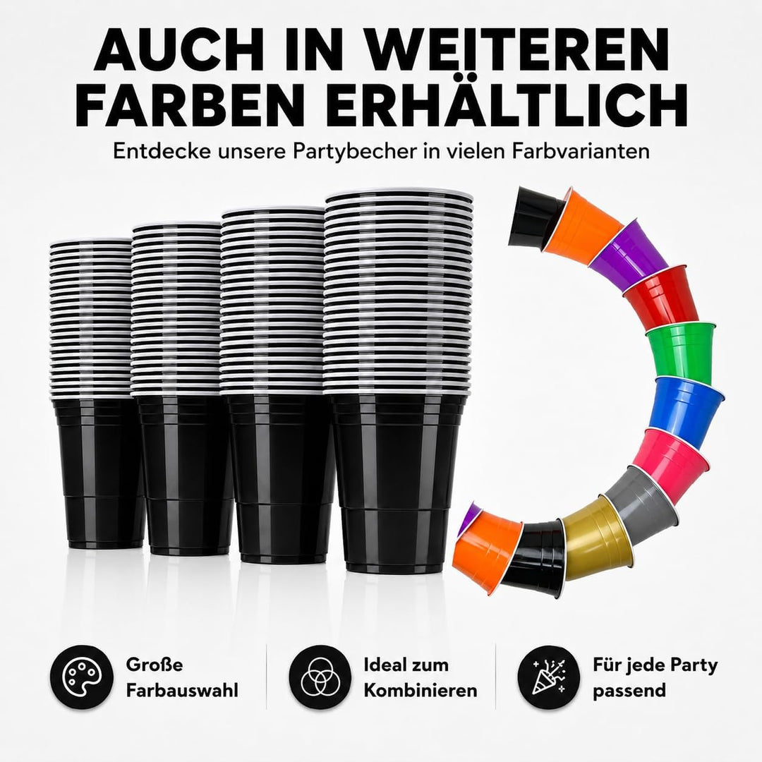 MYBEERPONG® Schwarzes Bierpong Set: 100 Black Cups (Markierung 0,4l + 0,5l) + 6 Beer Pong-Bälle – Wi