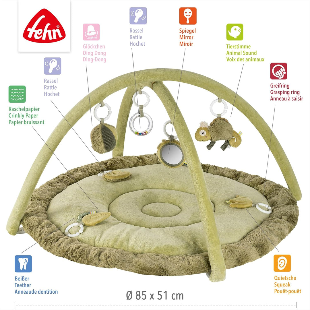 Fehn 3-D-Activity-Decke Chamäleon – Spielbogen mit 5 abnehmbaren Spielzeugen für Babys – Spiel & Spa