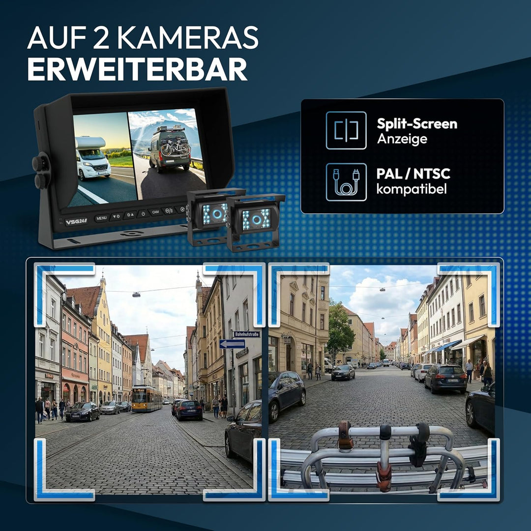 VSG24 Rückfahrkamera 7" HD Starter-Set inkl. Kamera, Monitor, Kabel - Wasserdicht Nachtsicht 12V-24V