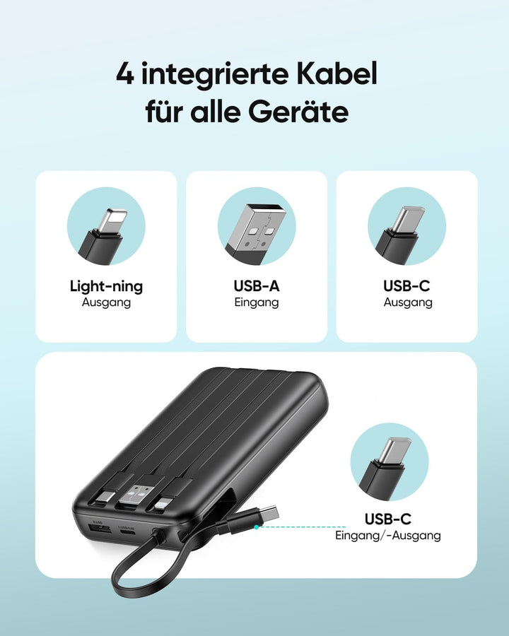 A ADDTOP 20000mAh Power Bank mit 4 integrierten Kabel, Ultra Klein 22,5W Schnellladen Powerbank, PD