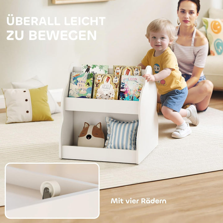 AIYAPLAY Kinderregal, Kinder-Bücherregal mit Rädern, 4 Regalen, 2-stöckiges Spielzeugregal für Kinde