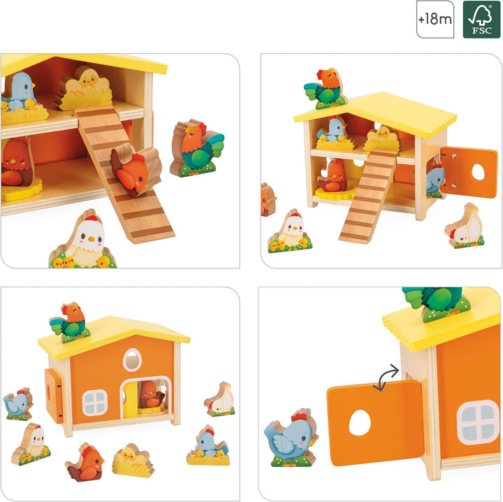 Janod First J03311 Kinderspielzeug, 1 Hühnerstall + 9 Hühner + 1 Leiter, FSC-Holzspiel, entwickelt G