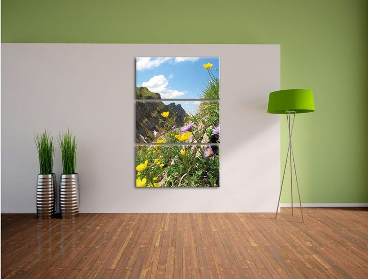 Pixxprint Blumenwiese im Frühling als Leinwandbild/Grösse: 3 Teilig (120x80) cm/Wandbild/Kunstdruck/
