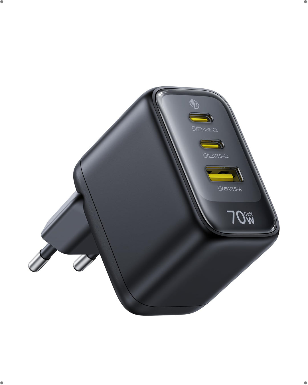 Baseus Enerfill 70W USB C Ladegerät, 3-Port GaN6 Schnellladegerät, kompaktes Netzteil für MacBook Ai