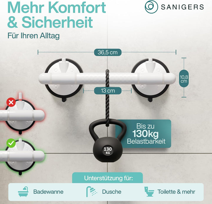 Haltegriff mit Saugnapf I 2026 I EXTRA STARKER HALT 130 KG I 36,5 CM Haltegriff Dusche ohne Bohren,