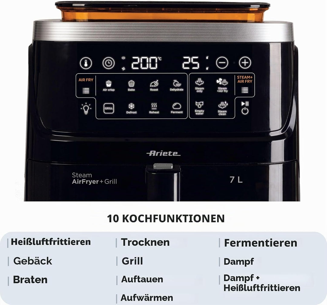 Ariete 4636 Luftfritteuse mit Dampffunktion + Grill, 1700W, Dörrfunktion, 10 Kochfunktionen, transpa