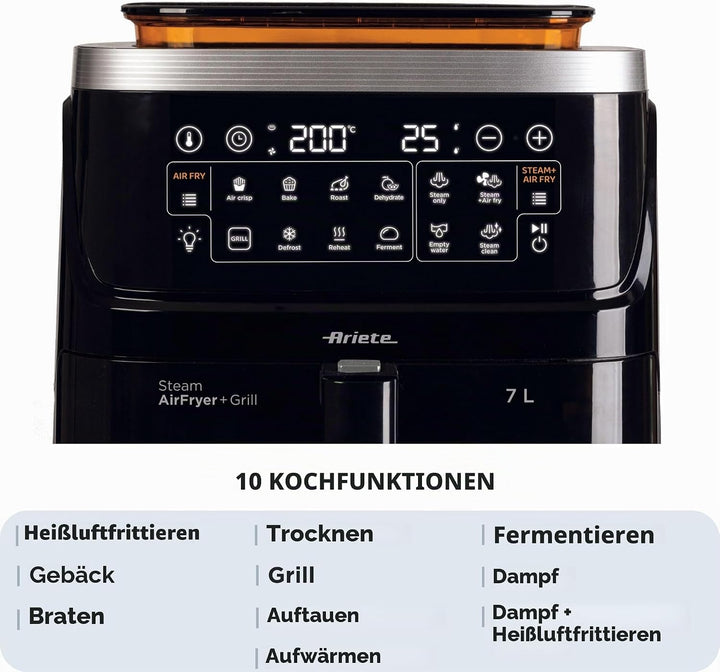 Ariete 4636 Luftfritteuse mit Dampffunktion + Grill, 1700W, Dörrfunktion, 10 Kochfunktionen, transpa
