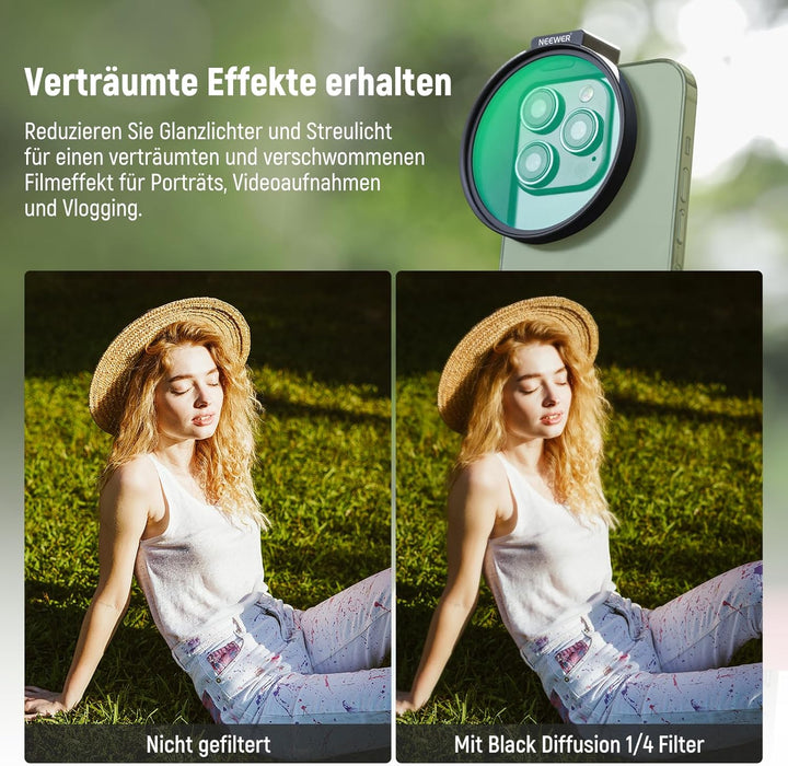 NEEWER 67 mm 1/4 schwarzer Diffusionsfilter & Kaltschuh-Handyclip für Handy, inklusive Tragetasche u