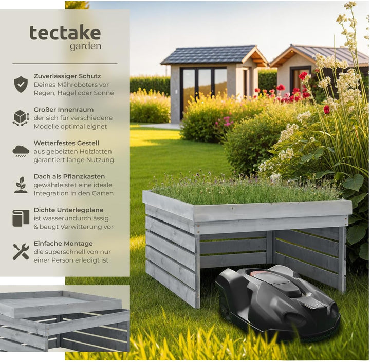 tectake® Mähroboter Garage, Holz Unterstand für Rasenmähroboter, mit Pflanzkasten, wetterfest, Rasen
