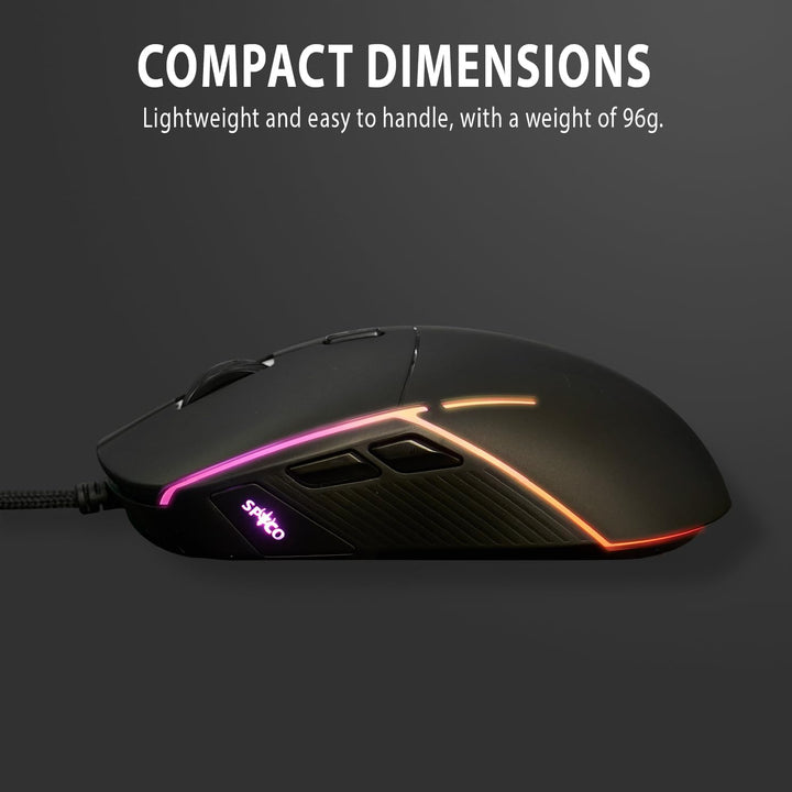 SPYCO - Gaming-Maus | PMW 3360 Chipsatz | 12.000 DPI | 1000 Hz Polling Rate | RGB-Licht | 96 g | 6 p
