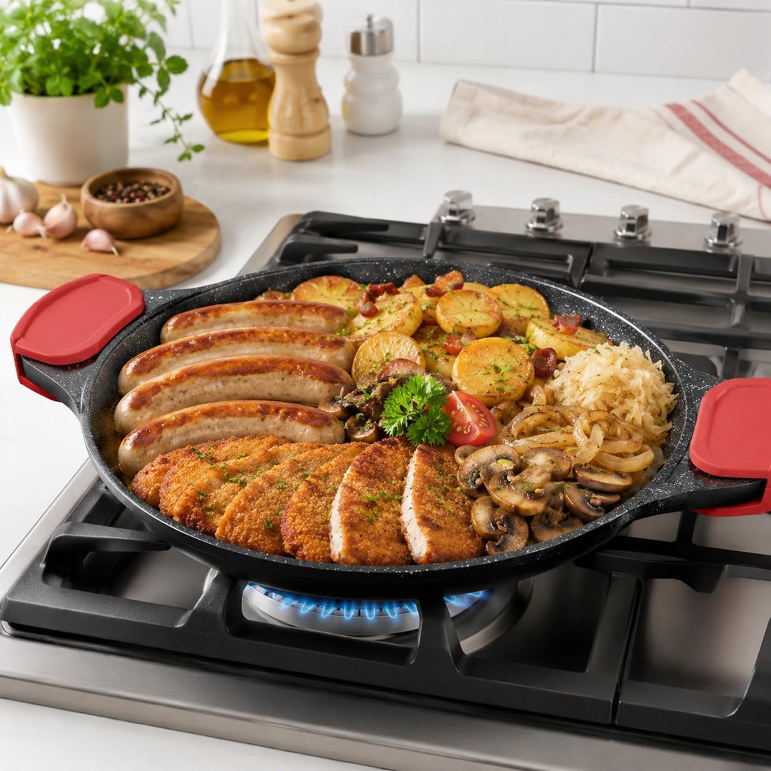 ROYAL SWISS Paella Pfanne 32 cm Schwarz, Aluminiumguss Paellera mit Marmor Antihaftbeschichtung, Ind