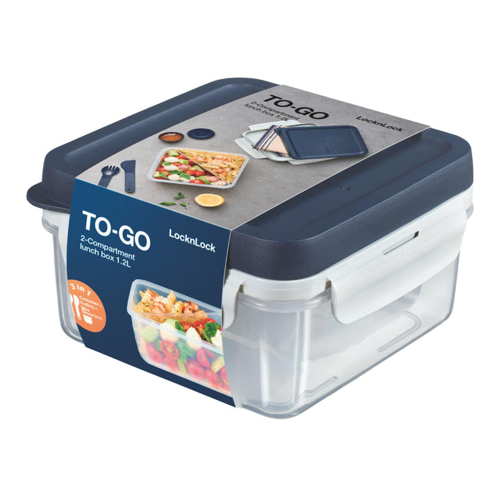 LocknLock TO GO Lunchbox mit Fächern 1,2L, Bento Box Erwachsene mit Sandwicheinsatz, Toppingtray, Me