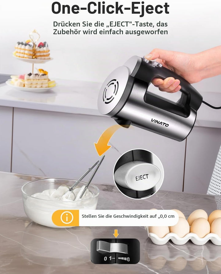 VINATO Elektrischer Handmixer, 300 Watt Handrührgerät mit 5 Geschwindigkeitsstufen, Handrührer mit 2