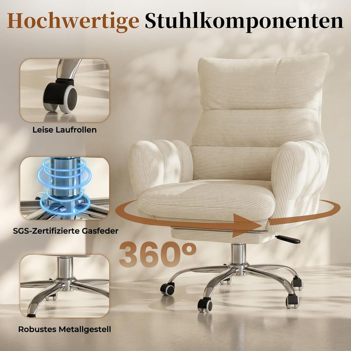 HOMRELEXA Bürostuhl, Schreibtischstuhl mit Fussstütze, klappbaren Armlehnen, 90°–135° Verstellbarer