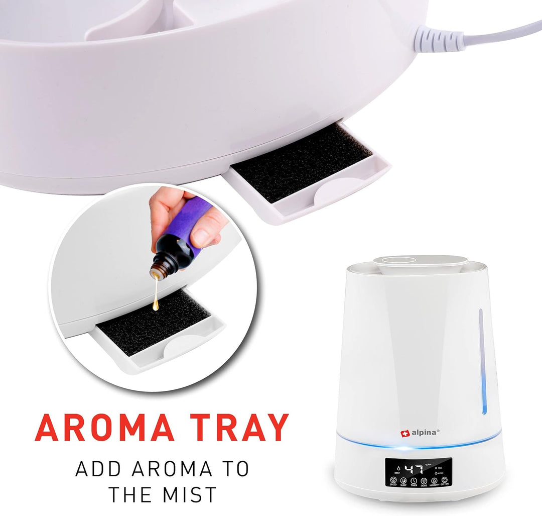 JUNG ALPINA Luftbefeuchter 4,3L Wassertank weiss, mit Fernbedienung, Aroma Diffuser Raumbefeuchter f