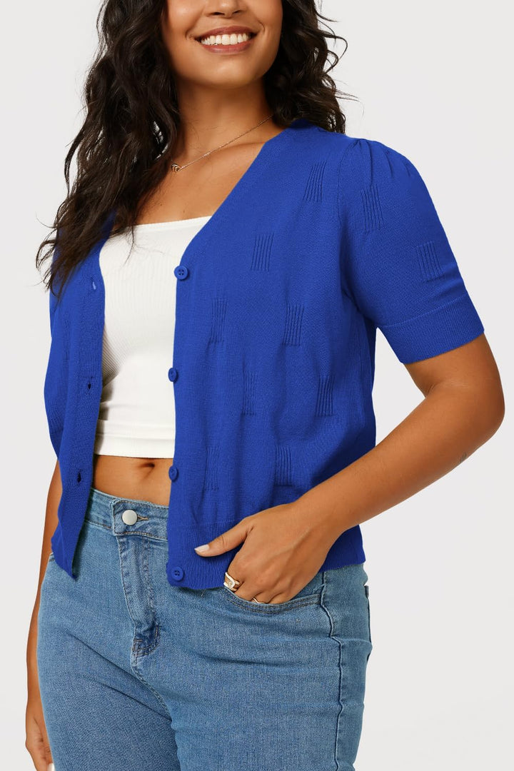 VOTEPRETTY Damen Strickjacke Sommer Kurzarm Cardigan V Ausschnitt Leichte Solid Top Elegant Bolero S
