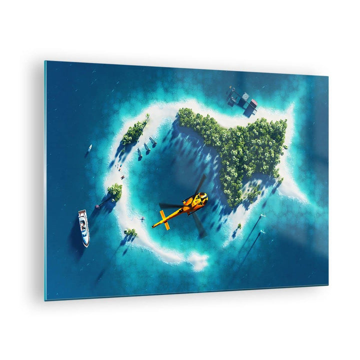 ARTTOR Bilder auf Glas Hubschrauber Ozean Insel Paradies Glasbild 70x50cm Wandbilder Dekoration Wohn