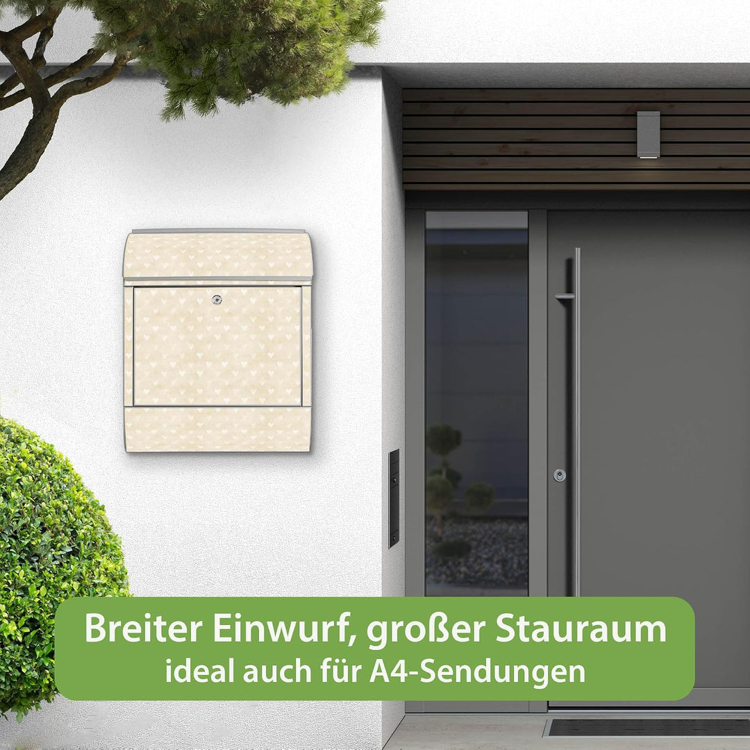 banjado® Design Briefkasten mit Motiv Beige Herzen 39x47x14cm &amp; 2 Schlüssel - Briefkasten Stahl Silb