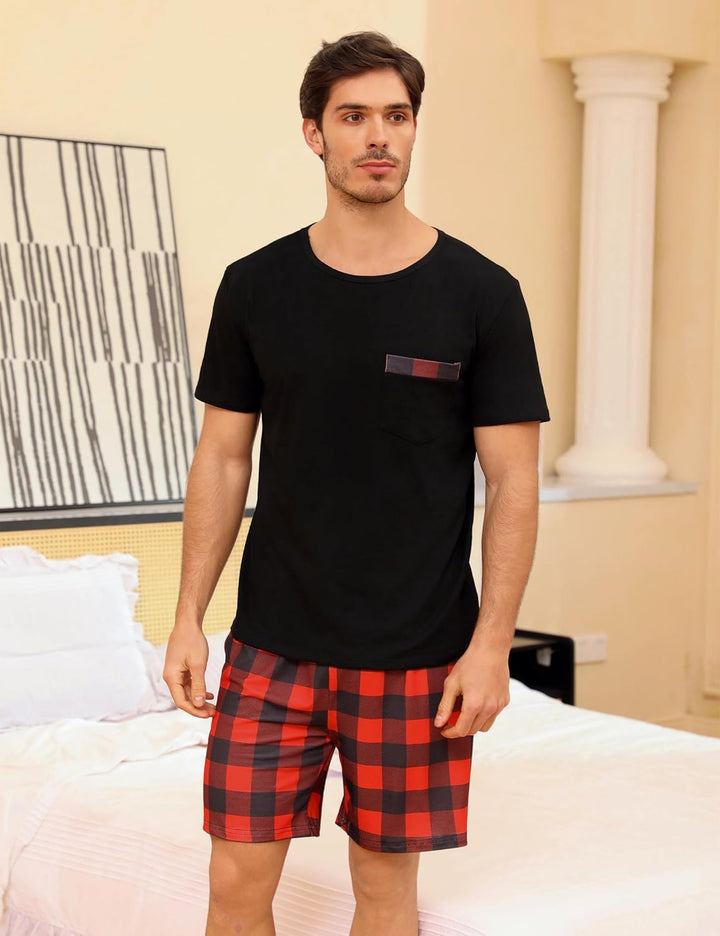 Schlafanzug Herren Kurz aus Baumwolle mit Kontraststreifen Design, Sommer Pyjama Set Oberteile und K