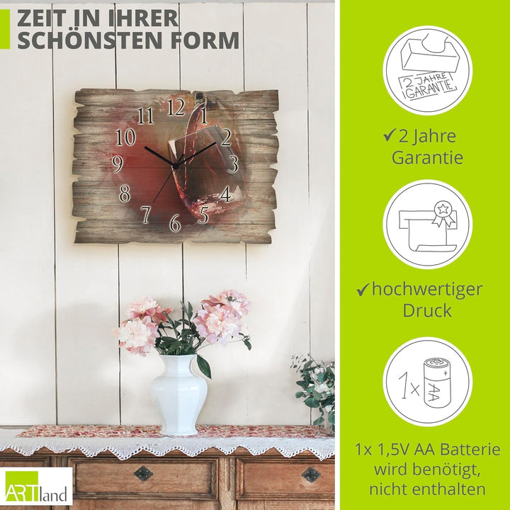 ARTLAND Wanduhr ohne Tickgeräusche aus Holz Funkuhr 40x30 cm Rechteckig Lautlos Wein Rotwein Bildmal