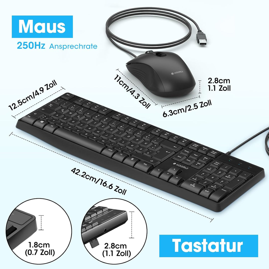 KOORUI Deutsches QWERTZ Tastatur-Maus-Set, 12 Funktionstasten, Schwarz Schwarz-Kabel Kabel, Schwarz-