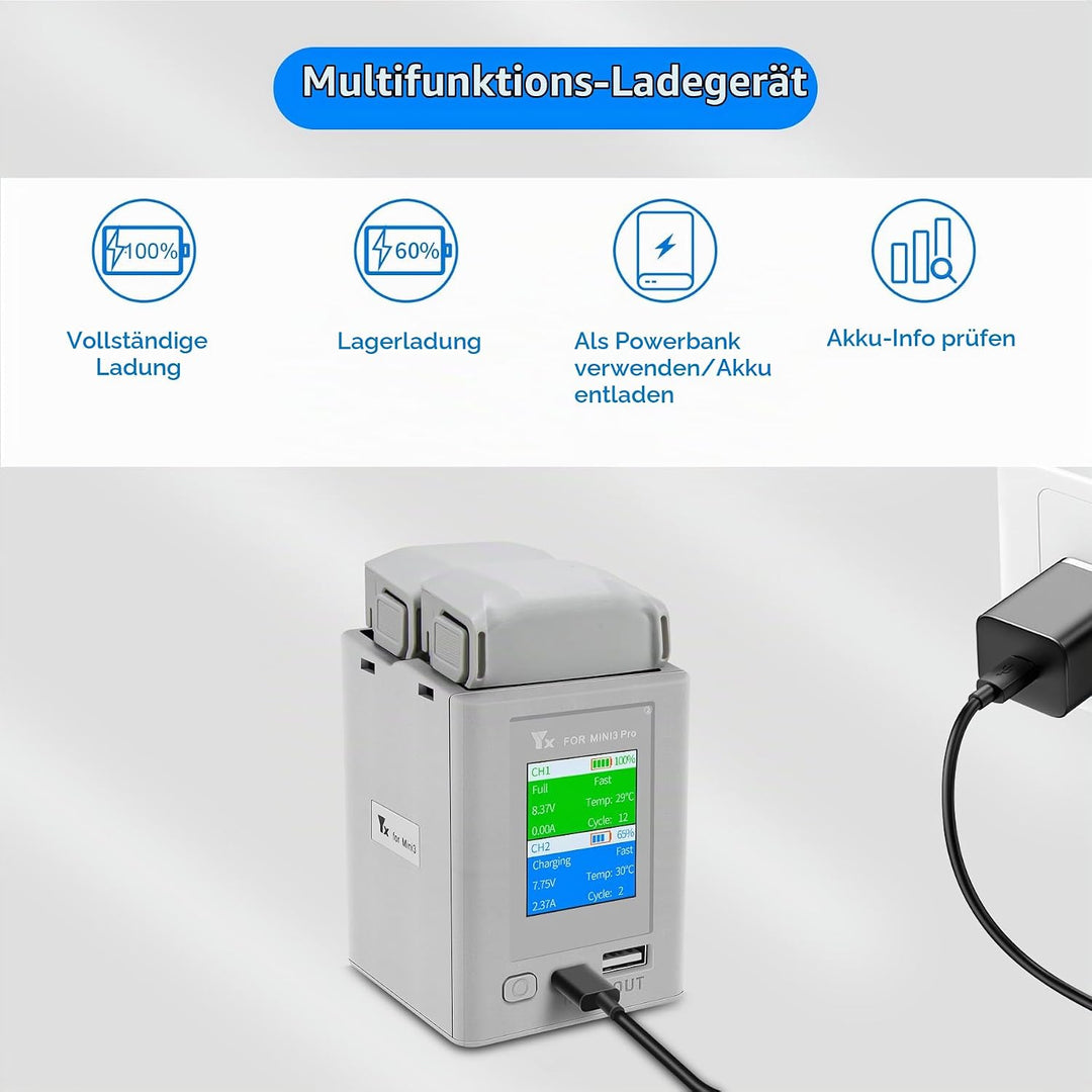 LYONGTECH LCD Akku Ladegerät für DJI Mini 3,Mini 4/3 Pro Drohne,Parallel Akkuladestation, Charger Hu