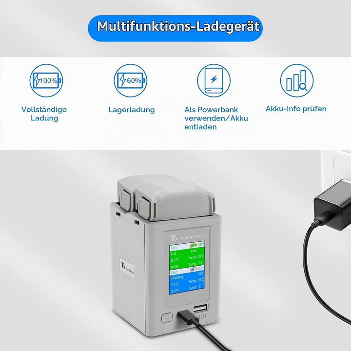 LYONGTECH LCD Akku Ladegerät für DJI Mini 3,Mini 4/3 Pro Drohne,Parallel Akkuladestation, Charger Hu