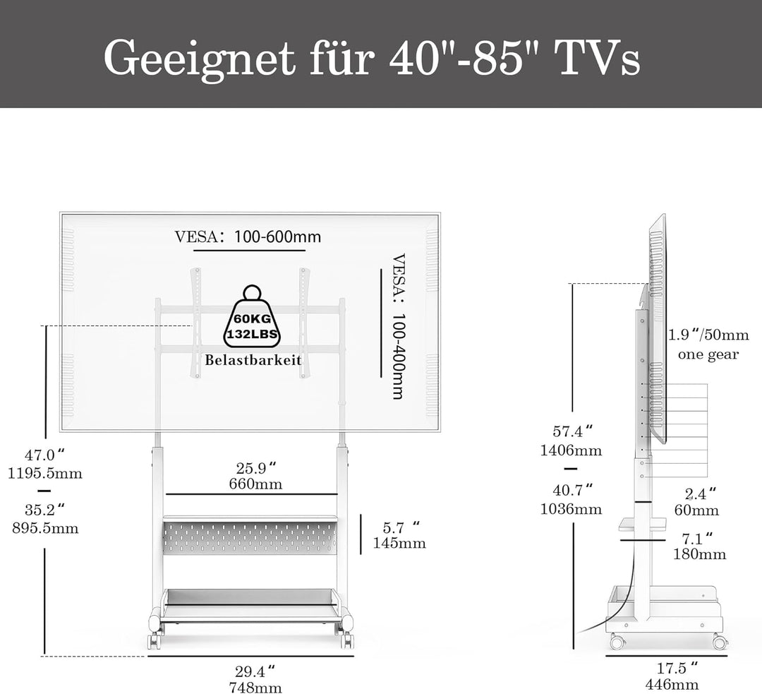 FITUEYES TV Ständer Rollbar Fernsehständer mit Rollen Bodenständer TV Rollwagen für 40-85 Zoll Ferns