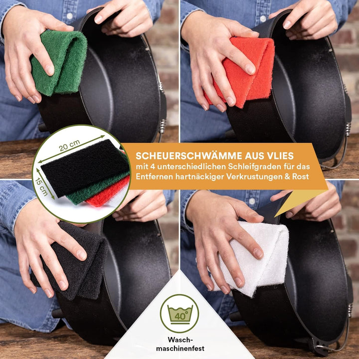 Skandika Dutch Oven Gusseisen Pflegeset | Zubehör Einbrennpaste/Pflegepaste, Ringreiniger, Pinsel, T