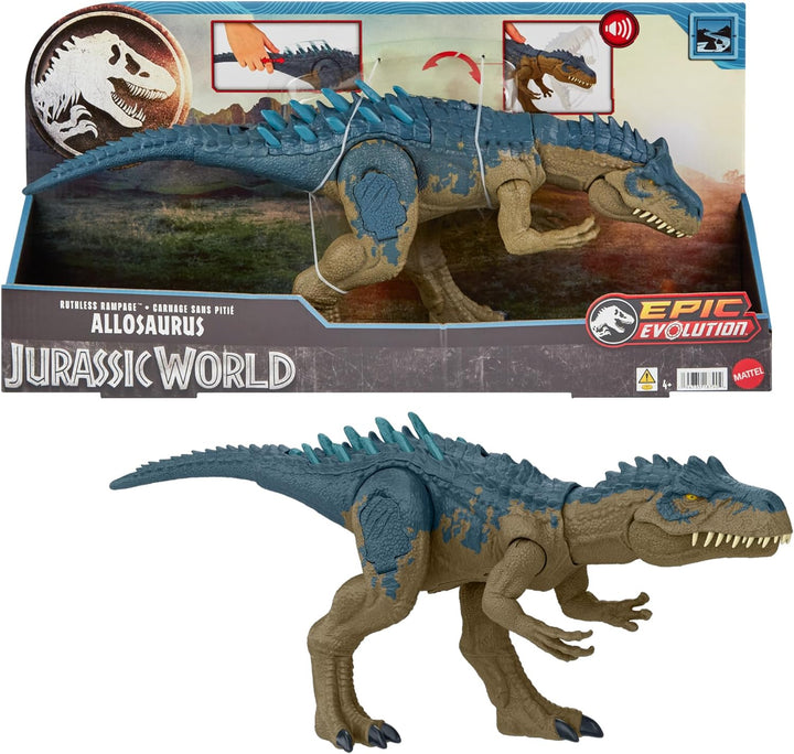 Mattel Jurassic World Ruthless Rampage Allosaurus Dinosaurier-Spielzeug, Actionfigur mit kontinuierl