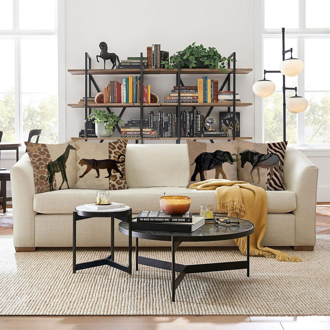 Bonhause 4er Set Kissenbezüge Tiere Leopard 45 x 45 cm Doppelseitig Giraffe Elefant Afrikanische Pol