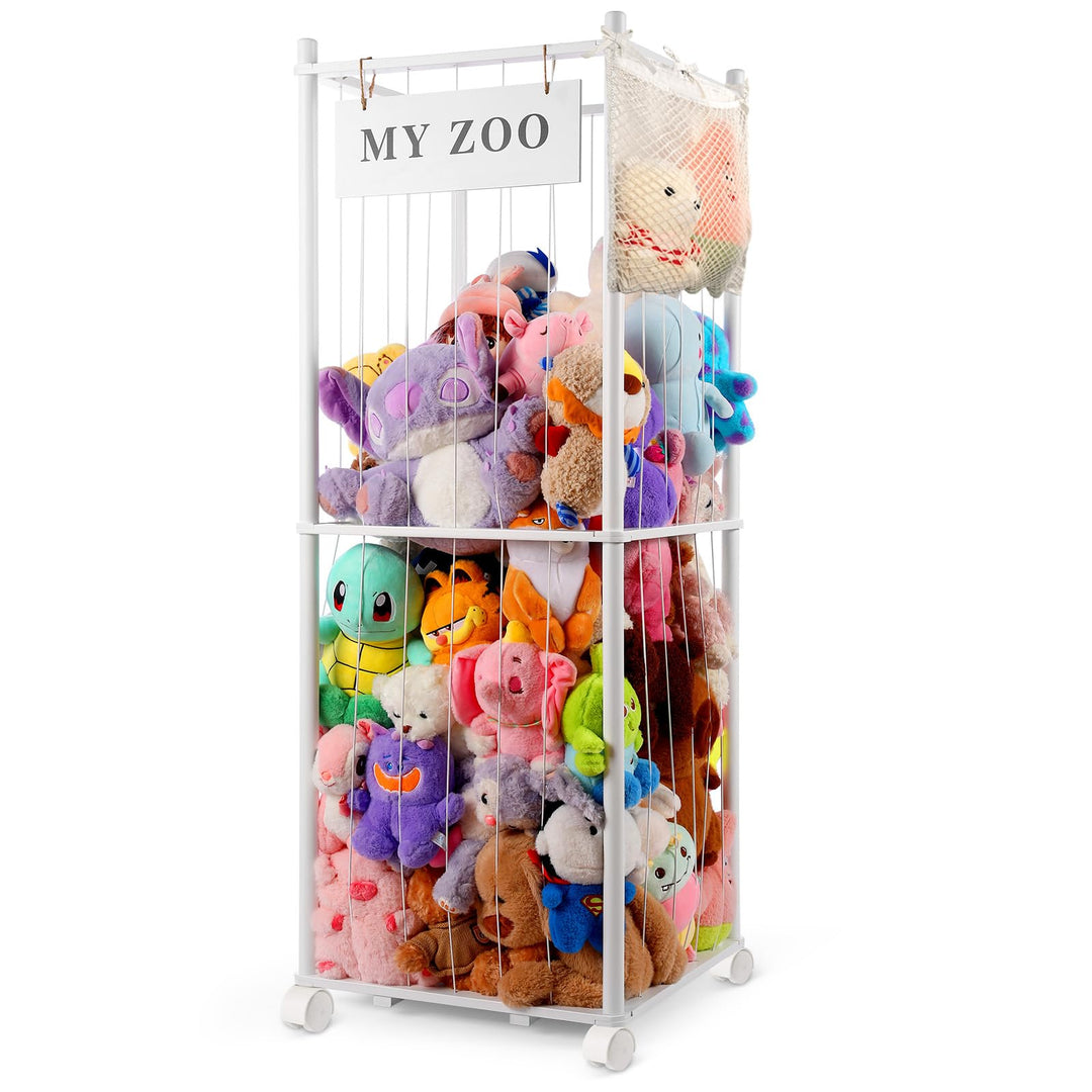 Massivholz Kuscheltier Aufbewahrung mit 360° Rollen &amp; Bremse – inkl. Baumwollnetz, Plüschtier Organi